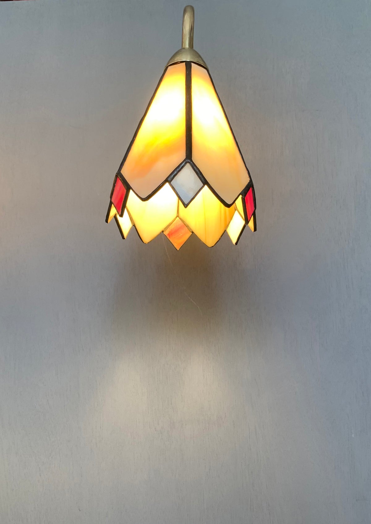 Pair of Vintage Tiffany Glass & Brass Wall Sconces, Red, Blue & Cream Glass 2of2