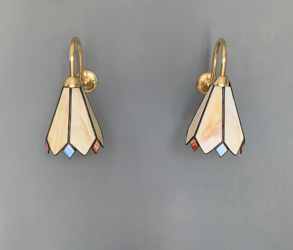 Pair of Vintage Tiffany Glass & Brass Wall Sconces, Red, Blue & Cream Glass 2of2