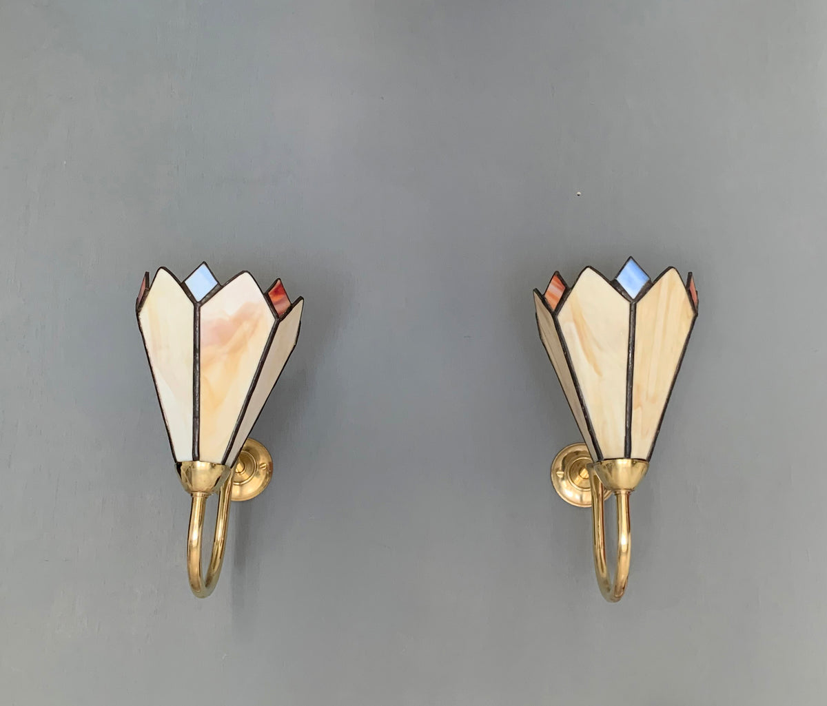 Pair of Vintage Tiffany Glass & Brass Wall Sconces, Red, Blue & Cream Glass 2of2