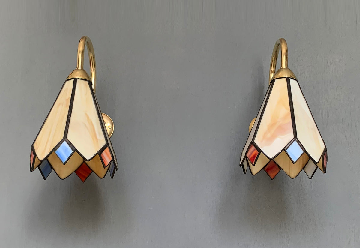 Pair of Vintage Tiffany Glass & Brass Wall Sconces, Red, Blue & Cream Glass 2of2