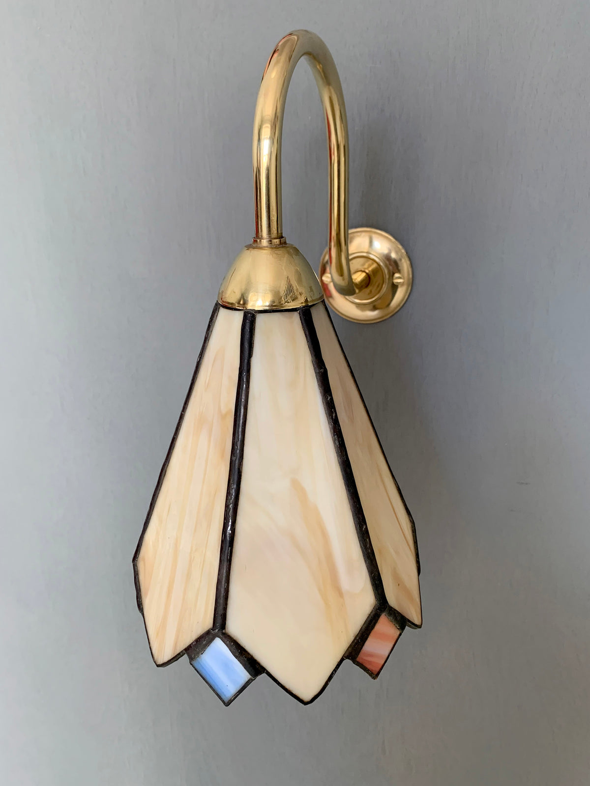 Pair of Vintage Tiffany Glass & Brass Wall Sconces, Red, Blue & Cream Glass 2of2