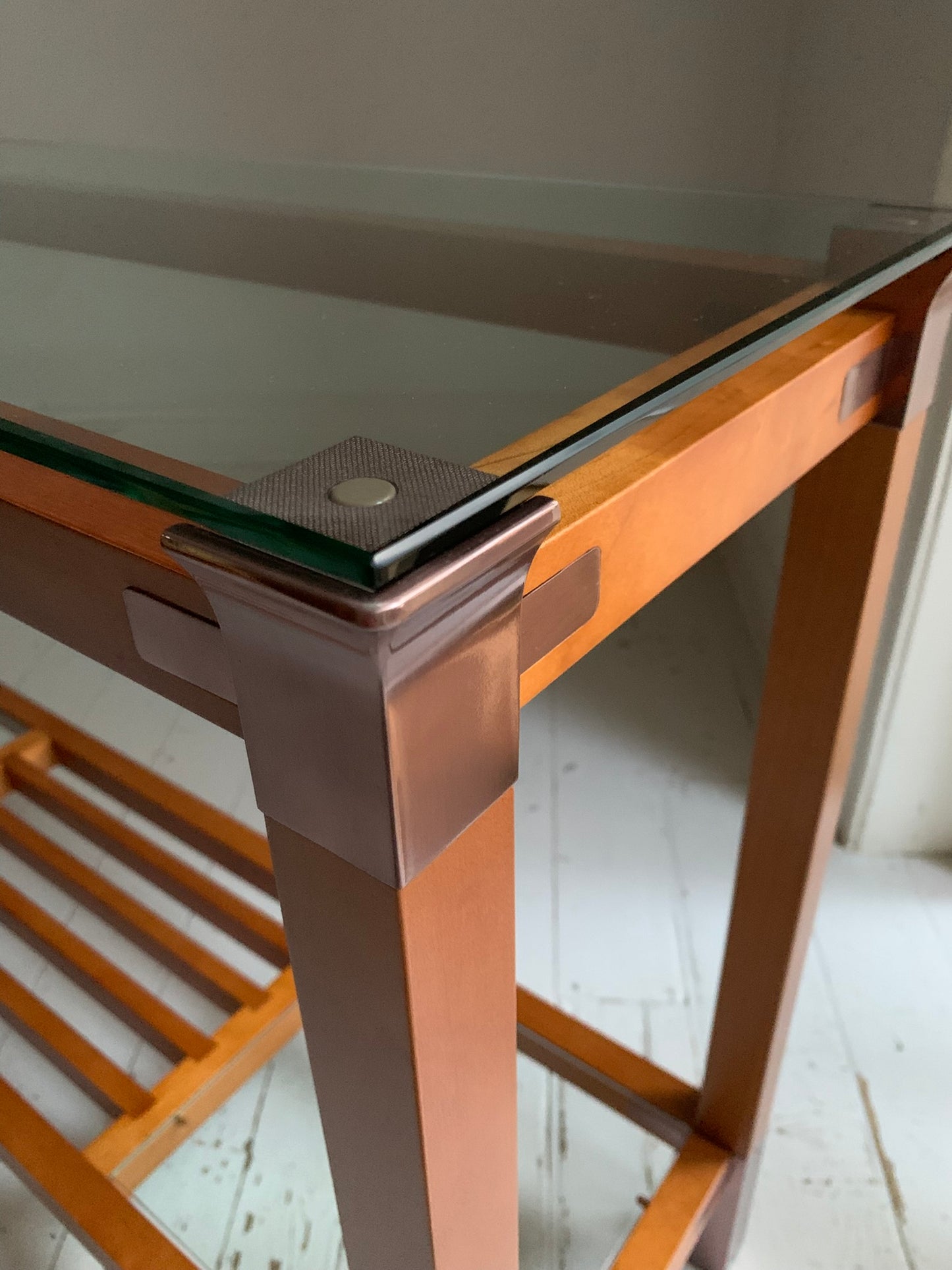 Stunning Vintage Pierre Vandel Paris Glass, Mahogany & Copper Console Hall Table