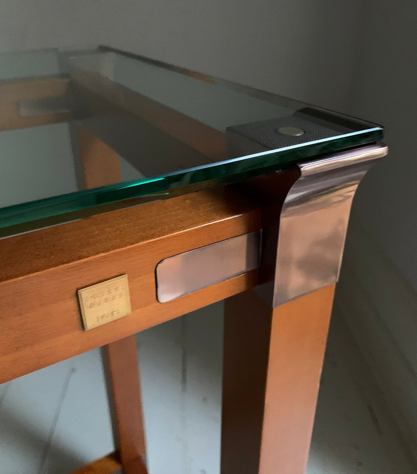 Stunning Vintage Pierre Vandel Paris Glass, Mahogany & Copper Console Hall Table