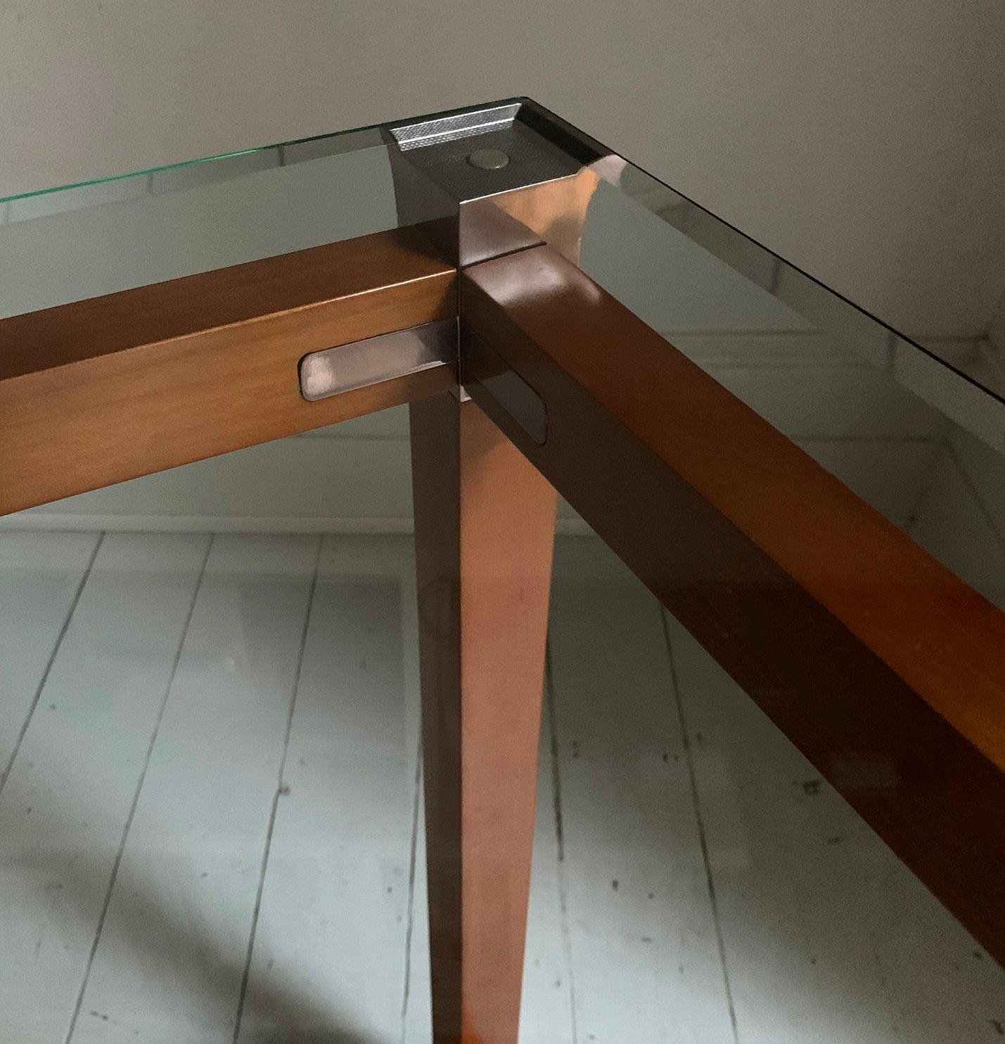 Stunning Vintage Pierre Vandel Paris Glass, Mahogany & Copper Console Hall Table