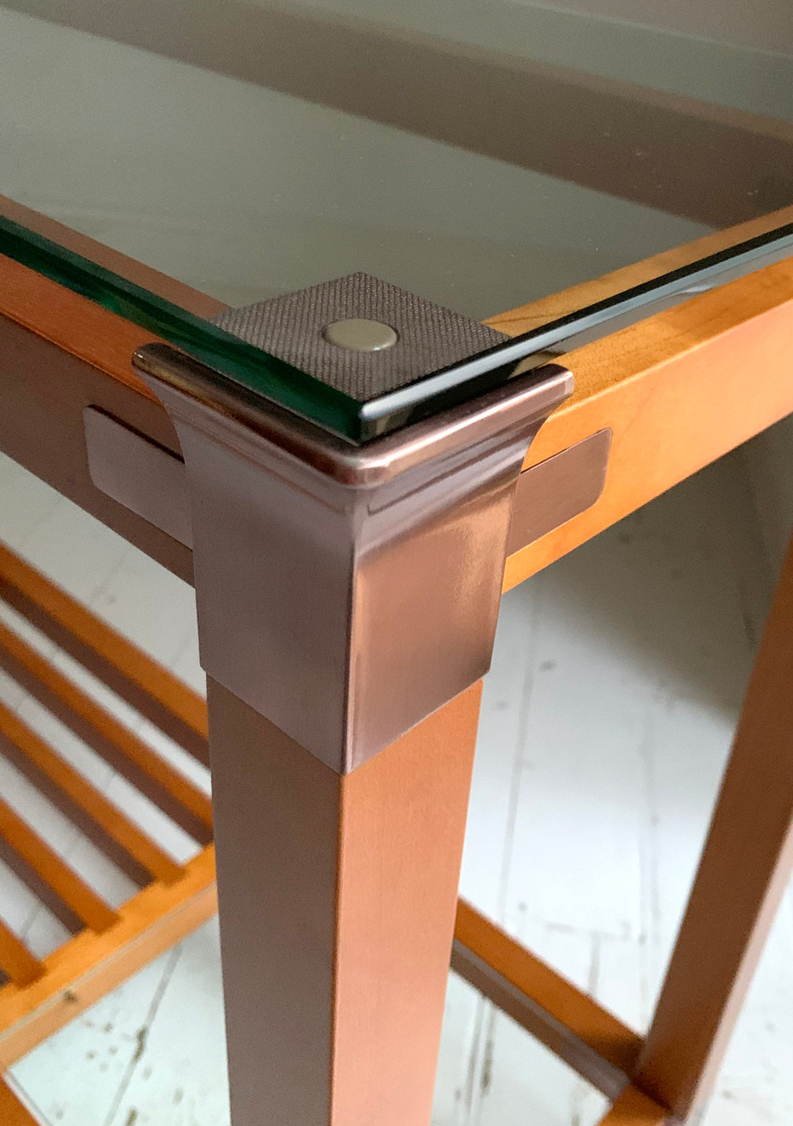 Stunning Vintage Pierre Vandel Paris Glass, Mahogany & Copper Console Hall Table