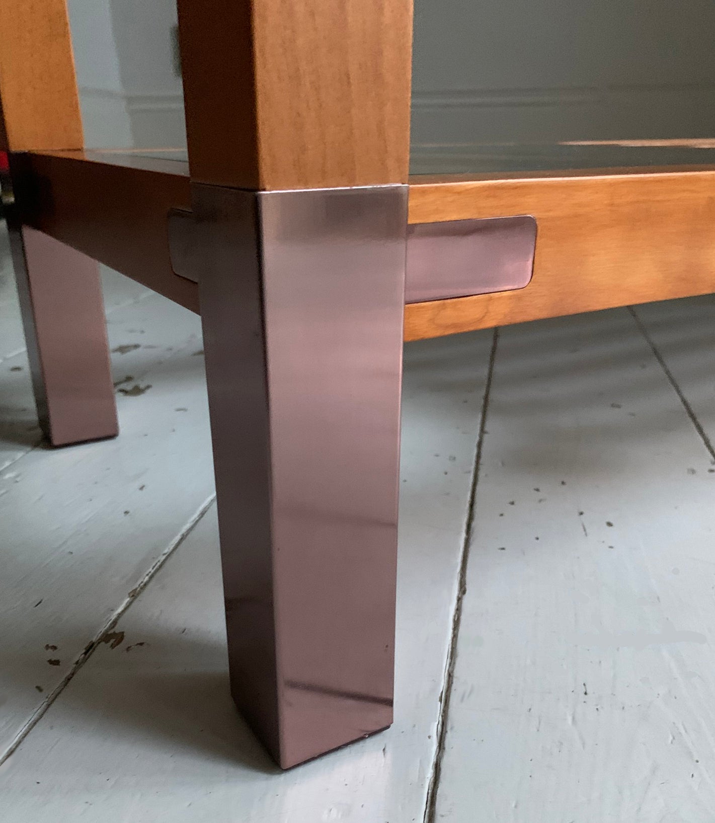 Stunning Vintage Pierre Vandel Paris Glass, Mahogany & Copper Console Hall Table