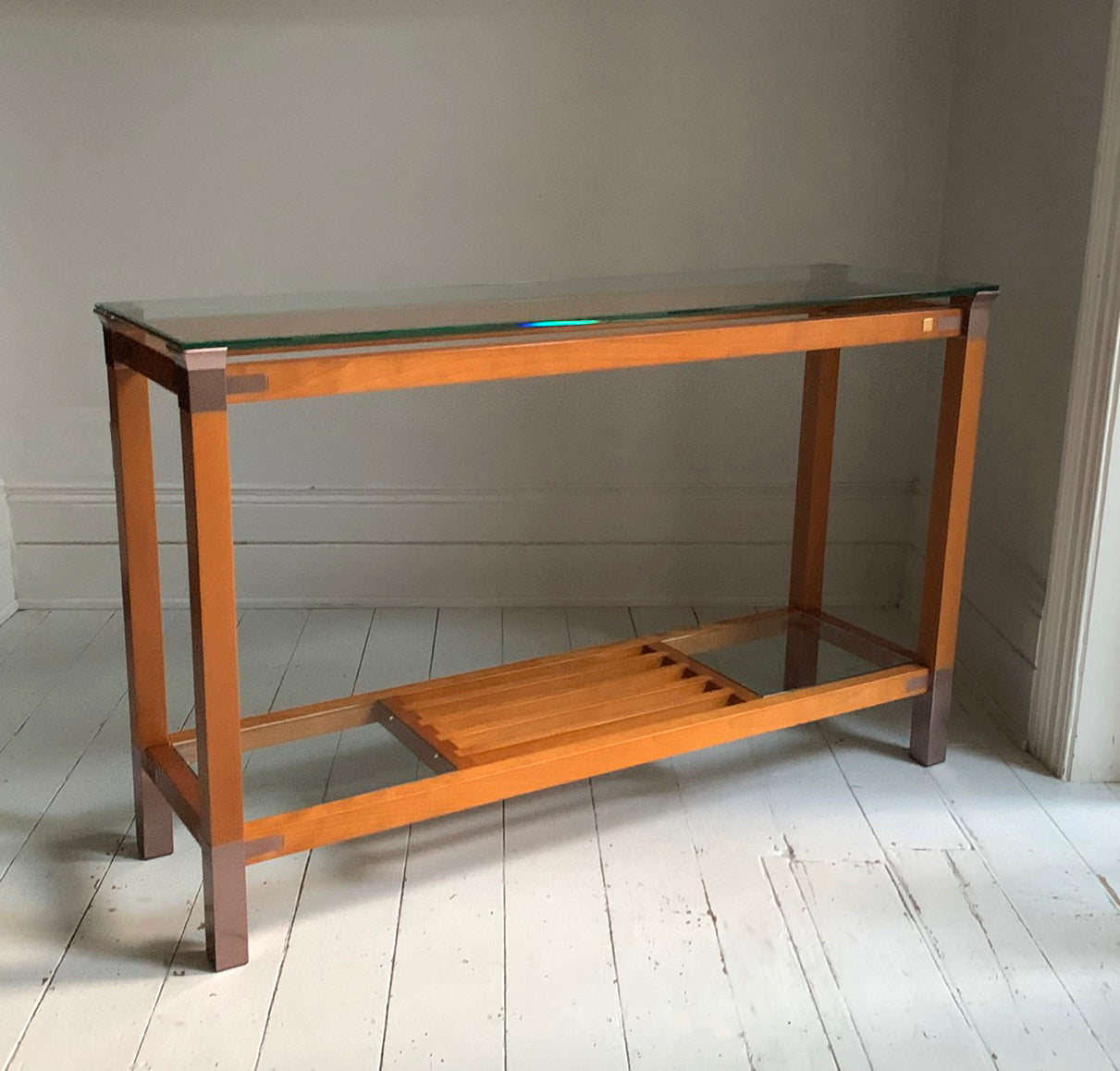 Stunning Vintage Pierre Vandel Paris Glass, Mahogany & Copper Console Hall Table