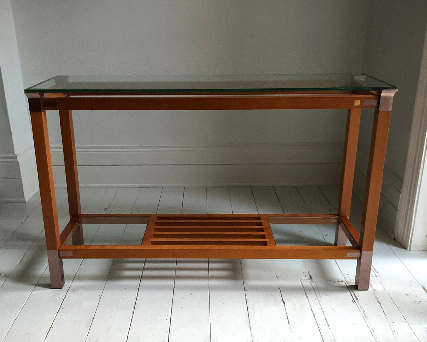 Stunning Vintage Pierre Vandel Paris Glass, Mahogany & Copper Console Hall Table
