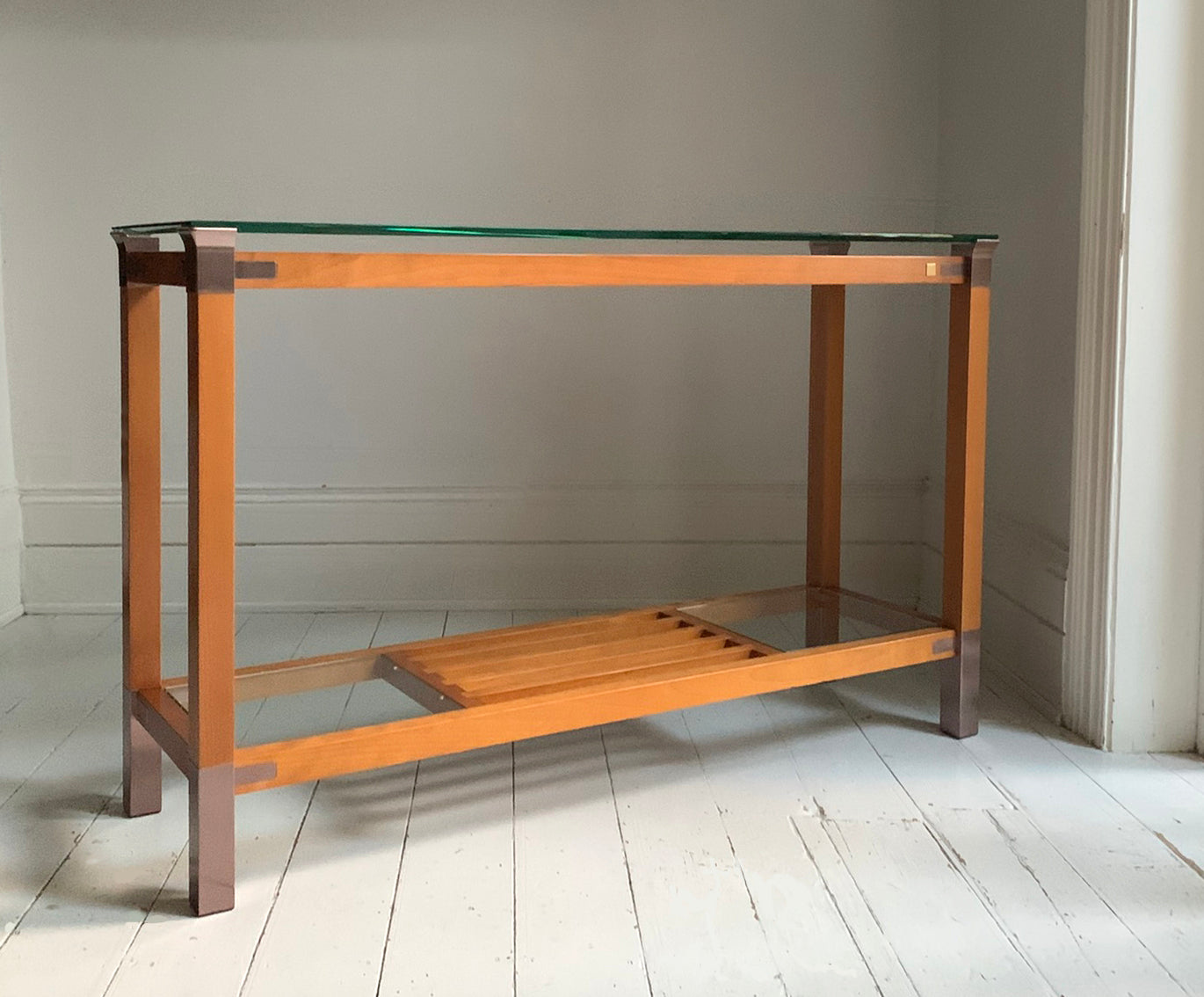 Stunning Vintage Pierre Vandel Paris Glass, Mahogany & Copper Console Hall Table