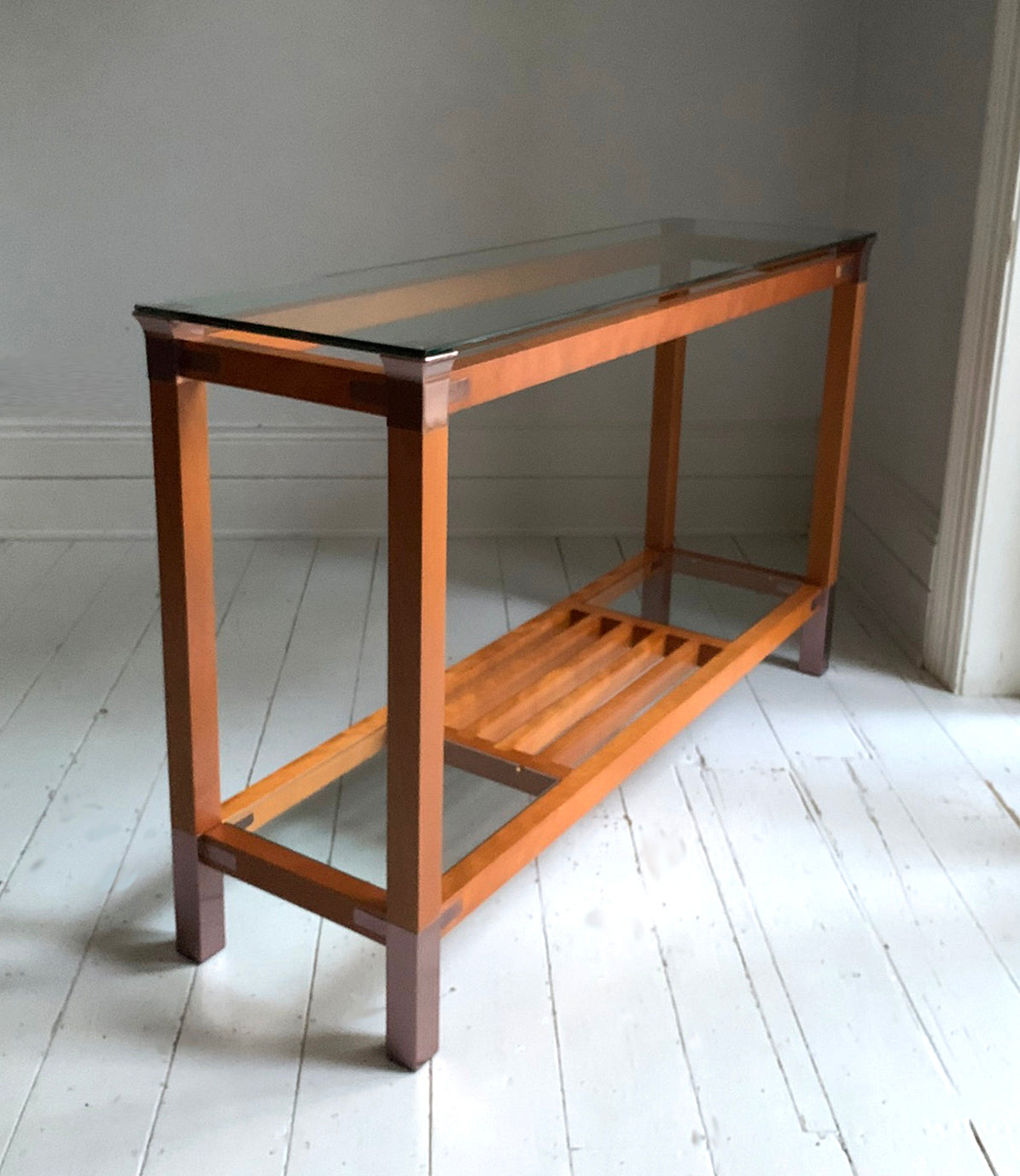 Stunning Vintage Pierre Vandel Paris Glass, Mahogany & Copper Console Hall Table