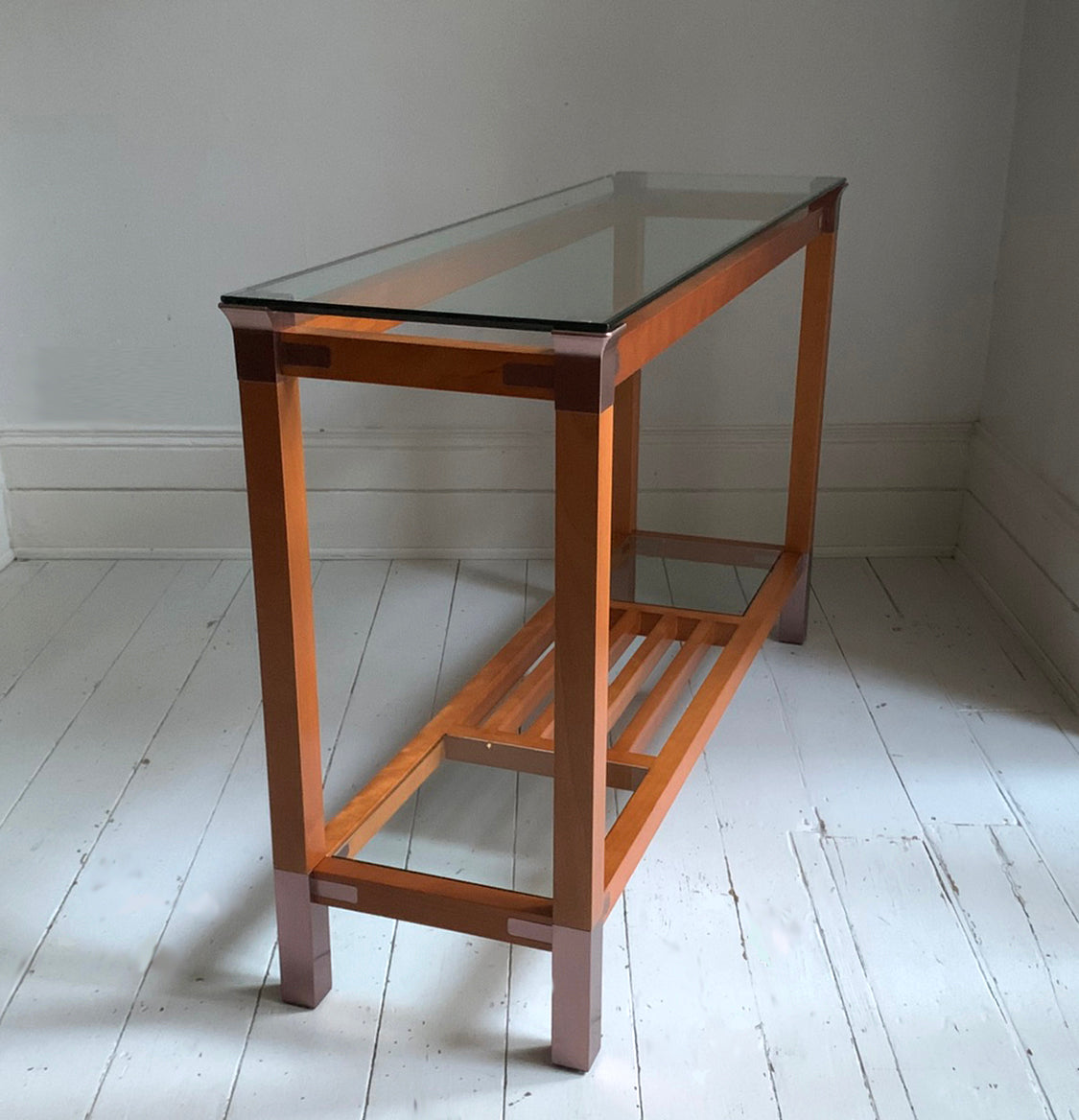 Stunning Vintage Pierre Vandel Paris Glass, Mahogany & Copper Console Hall Table