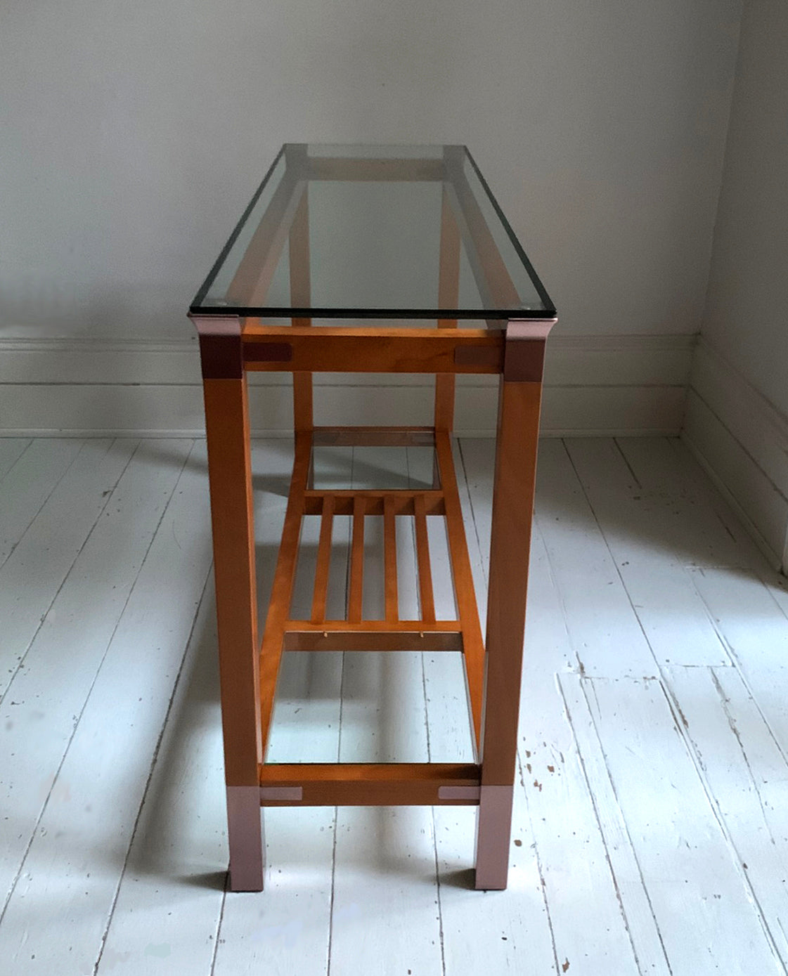 Stunning Vintage Pierre Vandel Paris Glass, Mahogany & Copper Console Hall Table