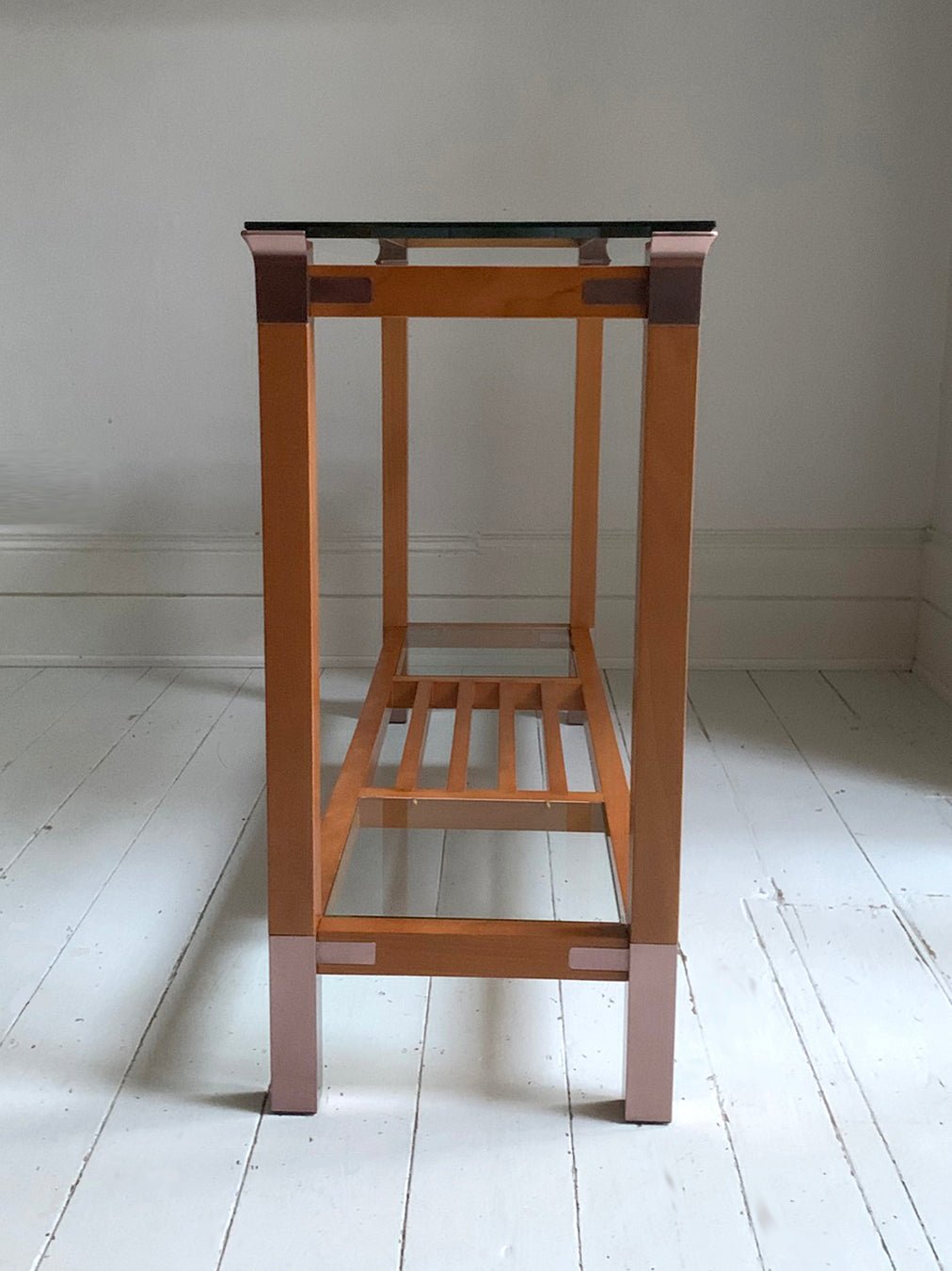 Stunning Vintage Pierre Vandel Paris Glass, Mahogany & Copper Console Hall Table