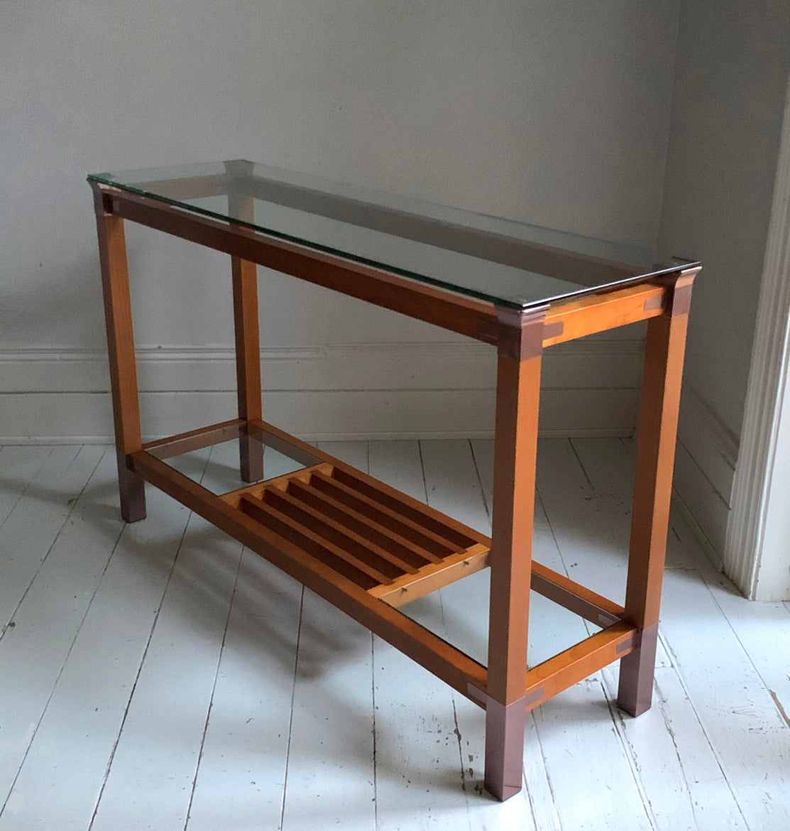 Stunning Vintage Pierre Vandel Paris Glass, Mahogany & Copper Console Hall Table