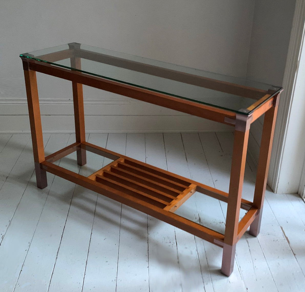 Stunning Vintage Pierre Vandel Paris Glass, Mahogany & Copper Console Hall Table