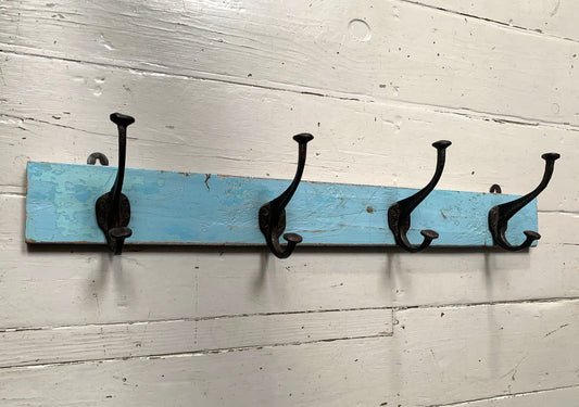 Vintage Wall Mounted Blue/Black Metal Coat Hooks x 4 on Wooden Painted Board