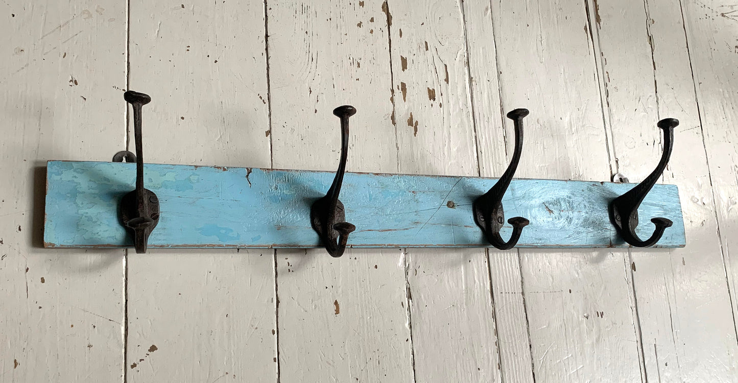 Vintage Wall Mounted Blue/Black Metal Coat Hooks x 4 on Wooden Painted Board