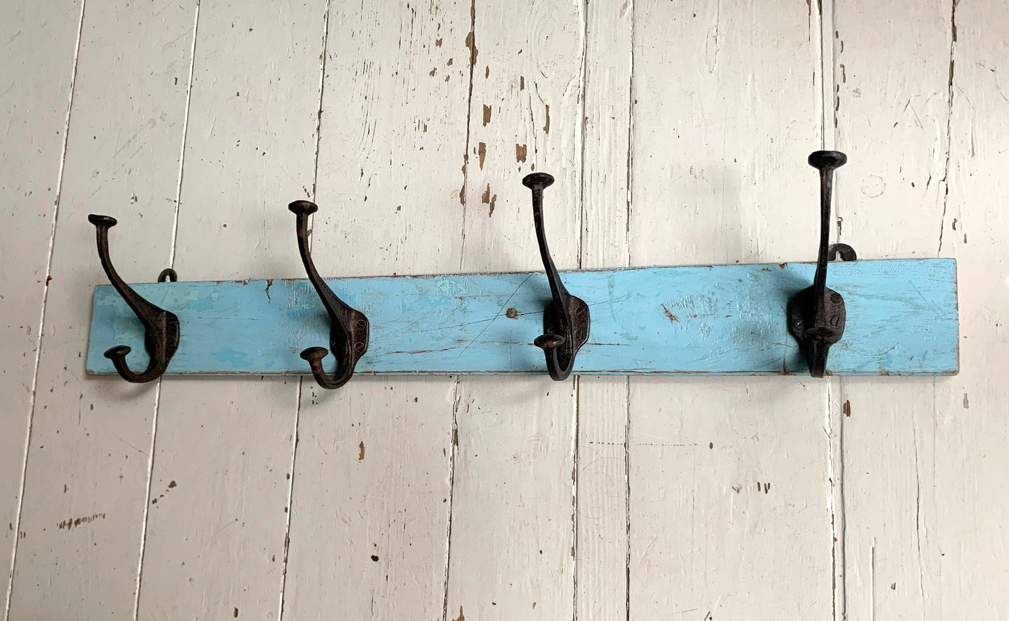 Vintage Wall Mounted Blue/Black Metal Coat Hooks x 4 on Wooden Painted Board