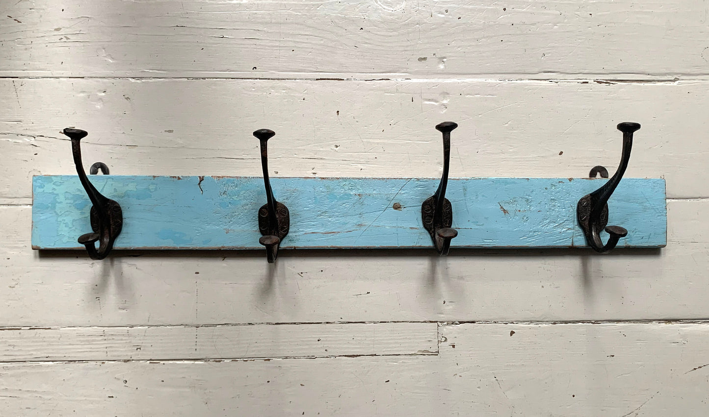 Vintage Wall Mounted Blue/Black Metal Coat Hooks x 4 on Wooden Painted Board