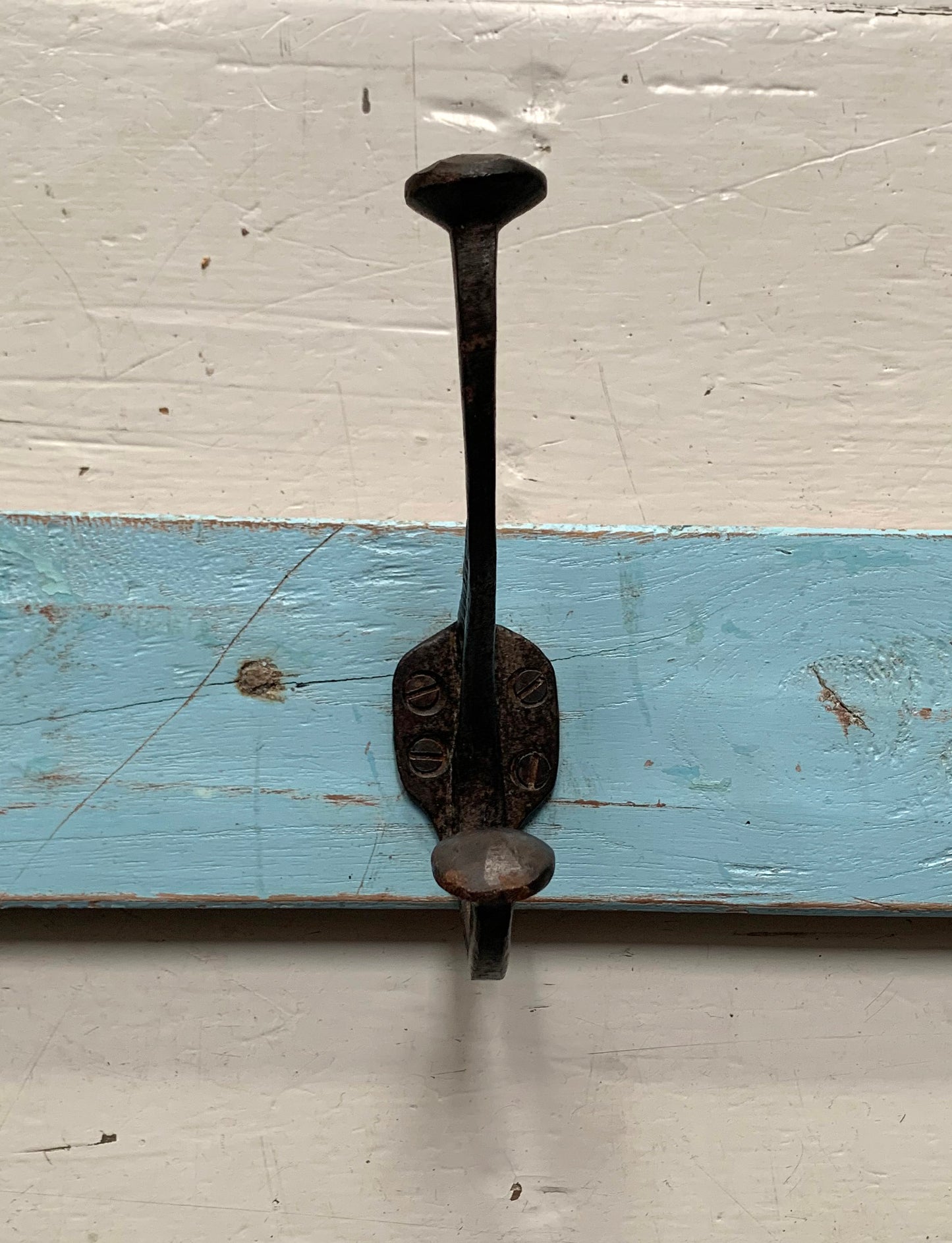 Vintage Wall Mounted Blue/Black Metal Coat Hooks x 4 on Wooden Painted Board