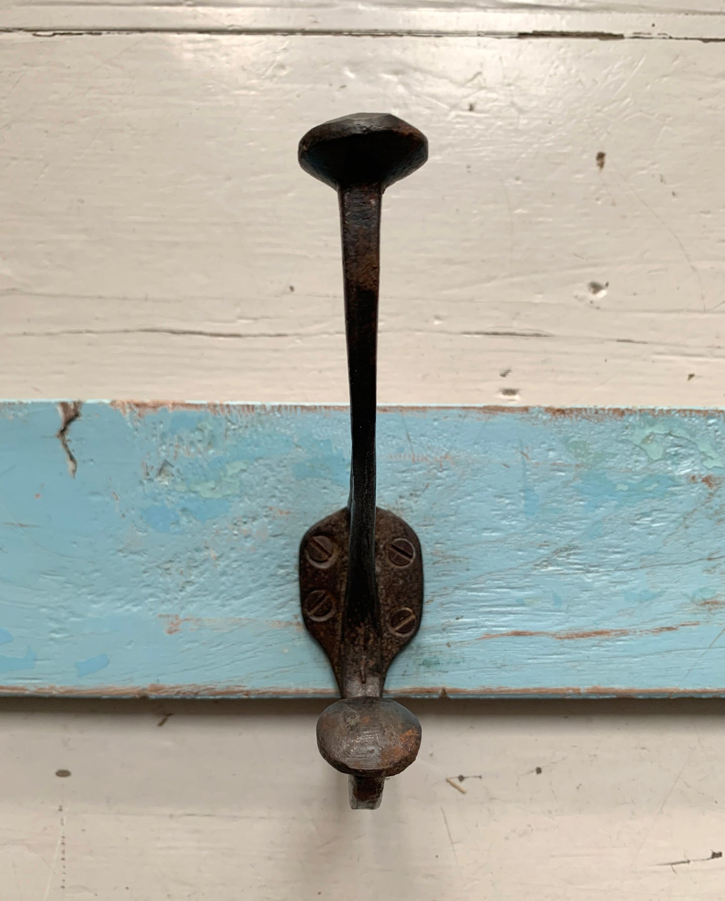 Vintage Wall Mounted Blue/Black Metal Coat Hooks x 4 on Wooden Painted Board