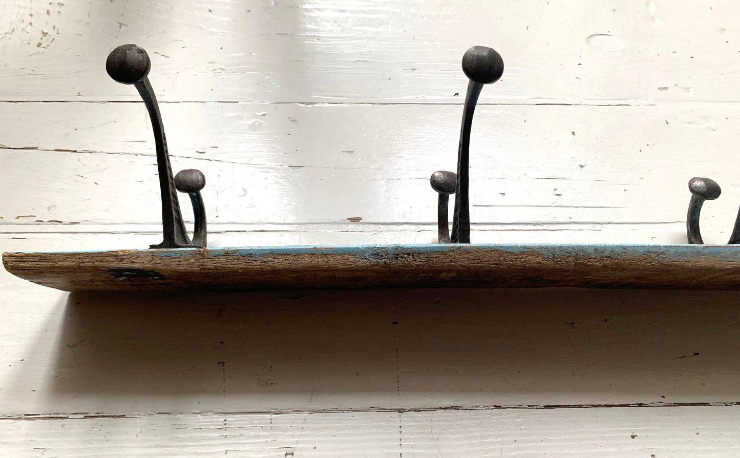 Vintage Wall Mounted Blue/Black Metal Coat Hooks x 4 on Wooden Painted Board