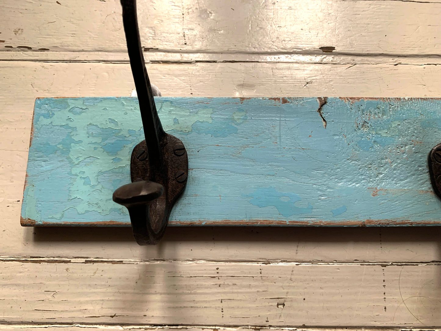 Vintage Wall Mounted Blue/Black Metal Coat Hooks x 4 on Wooden Painted Board