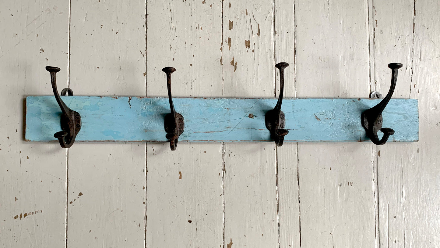 Vintage Wall Mounted Blue/Black Metal Coat Hooks x 4 on Wooden Painted Board