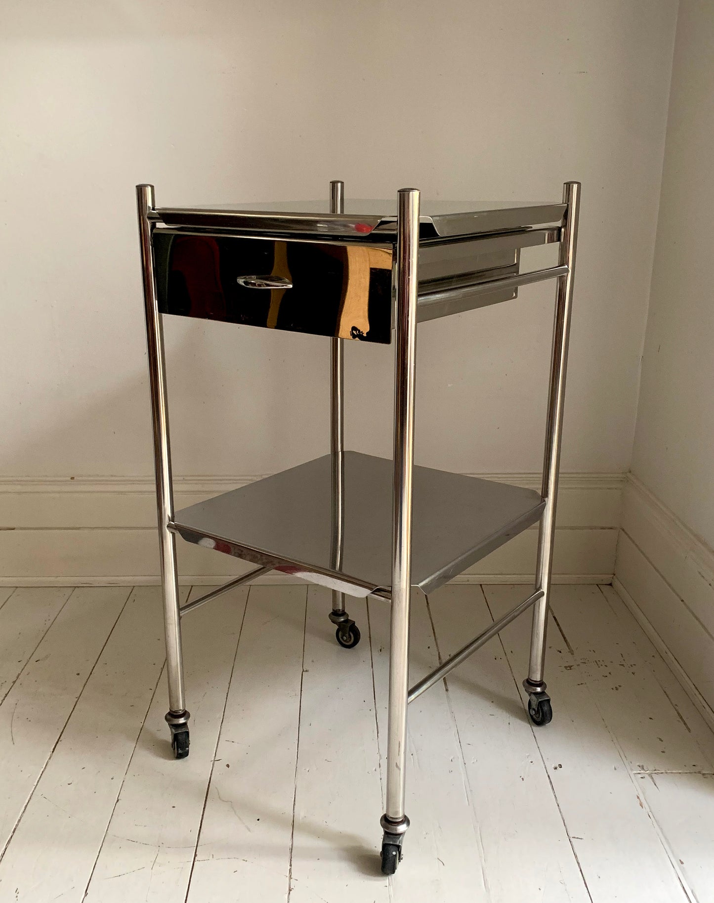 Vintage Stainless Steel / Chrome Medical / Drinks Trolley / Cabinet On Castors