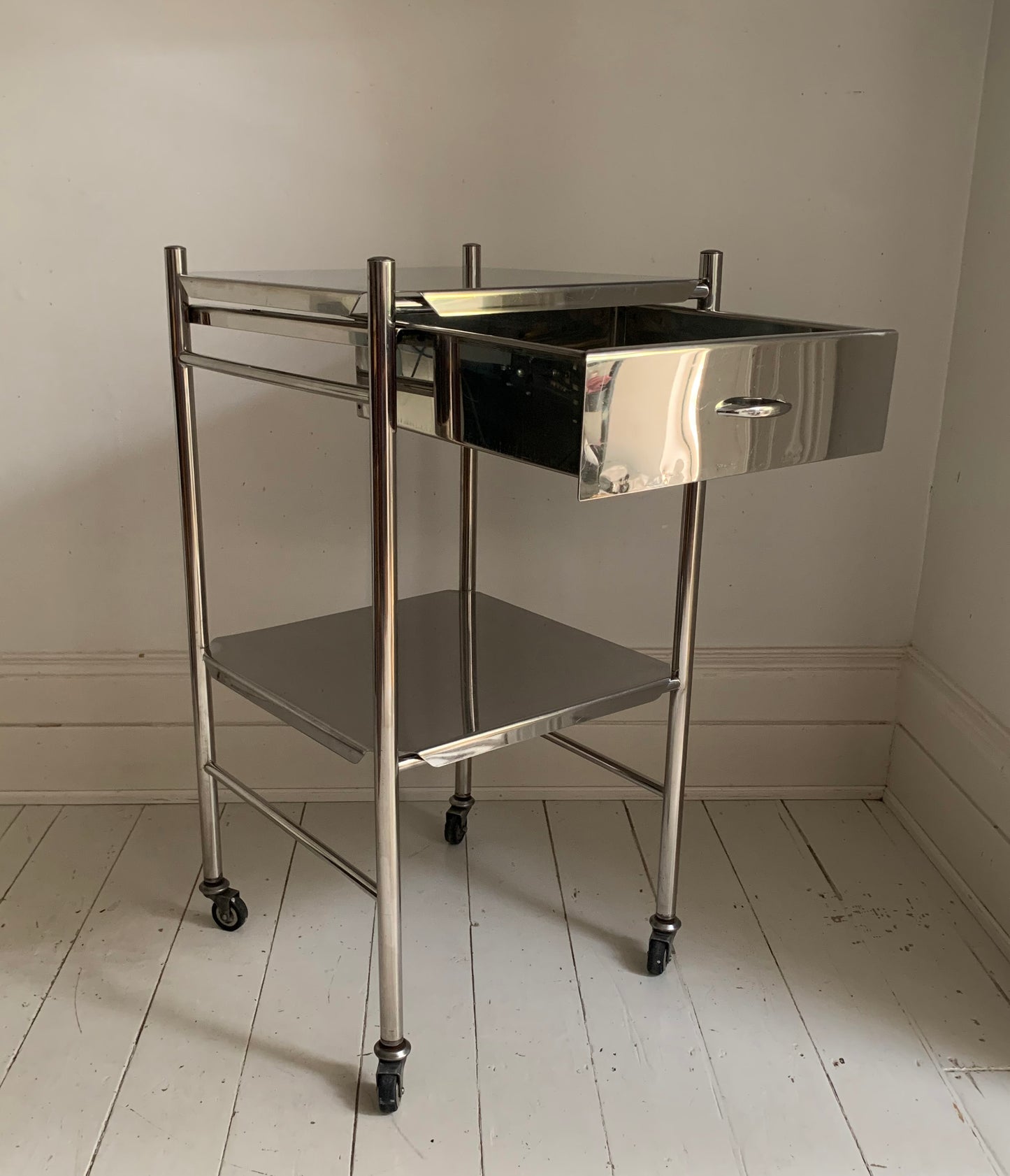 Vintage Stainless Steel / Chrome Medical / Drinks Trolley / Cabinet On Castors