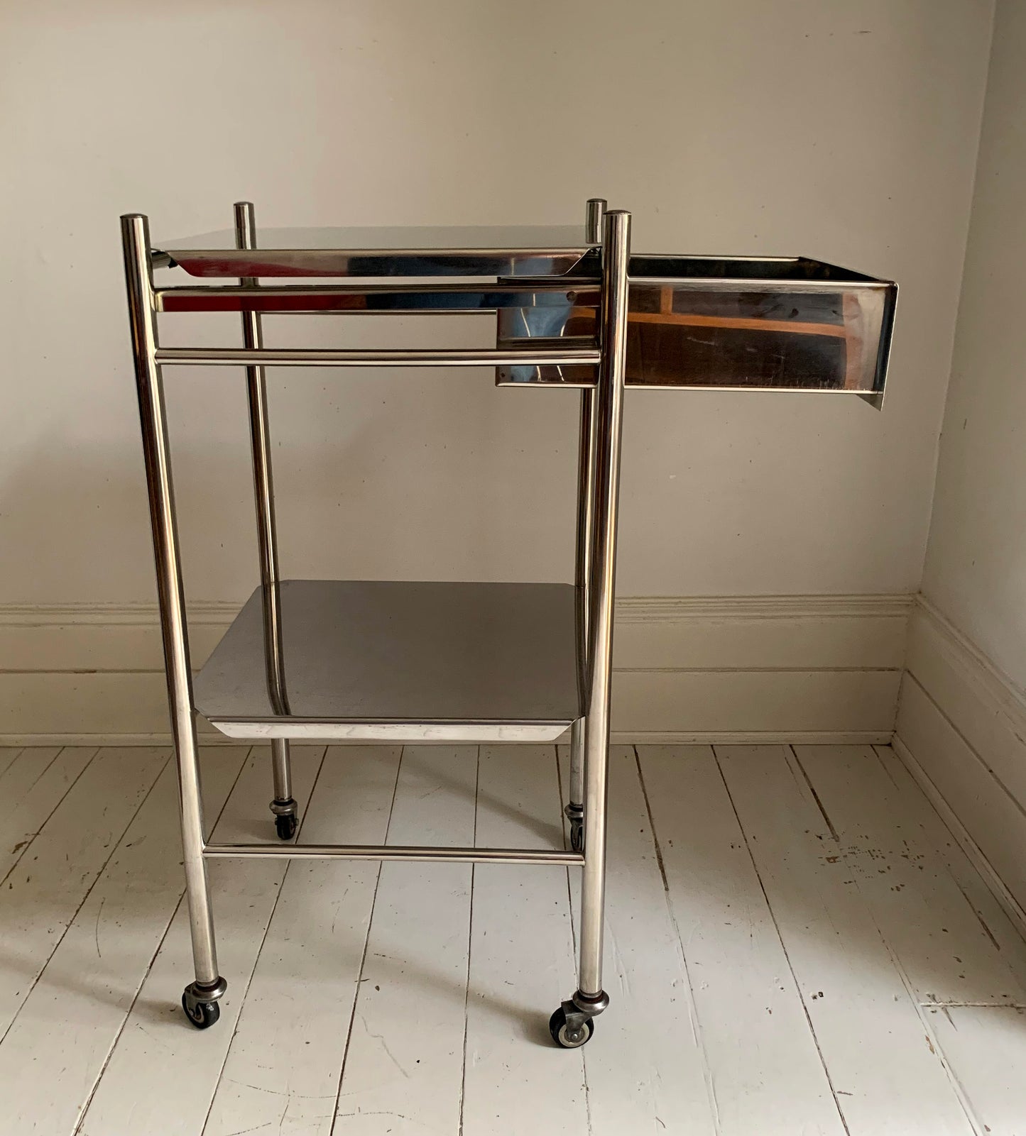Vintage Stainless Steel / Chrome Medical / Drinks Trolley / Cabinet On Castors