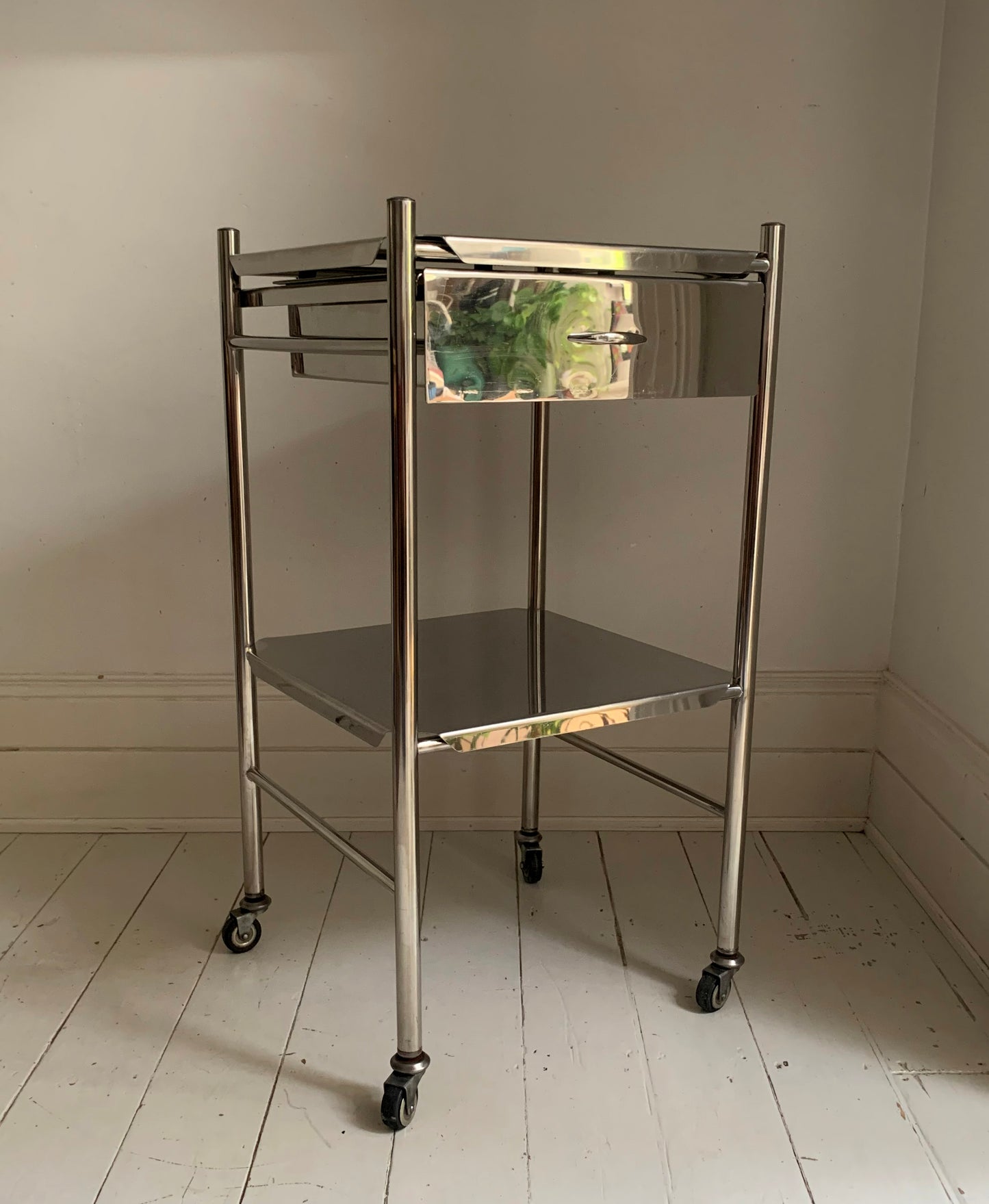 Vintage Stainless Steel / Chrome Medical / Drinks Trolley / Cabinet On Castors
