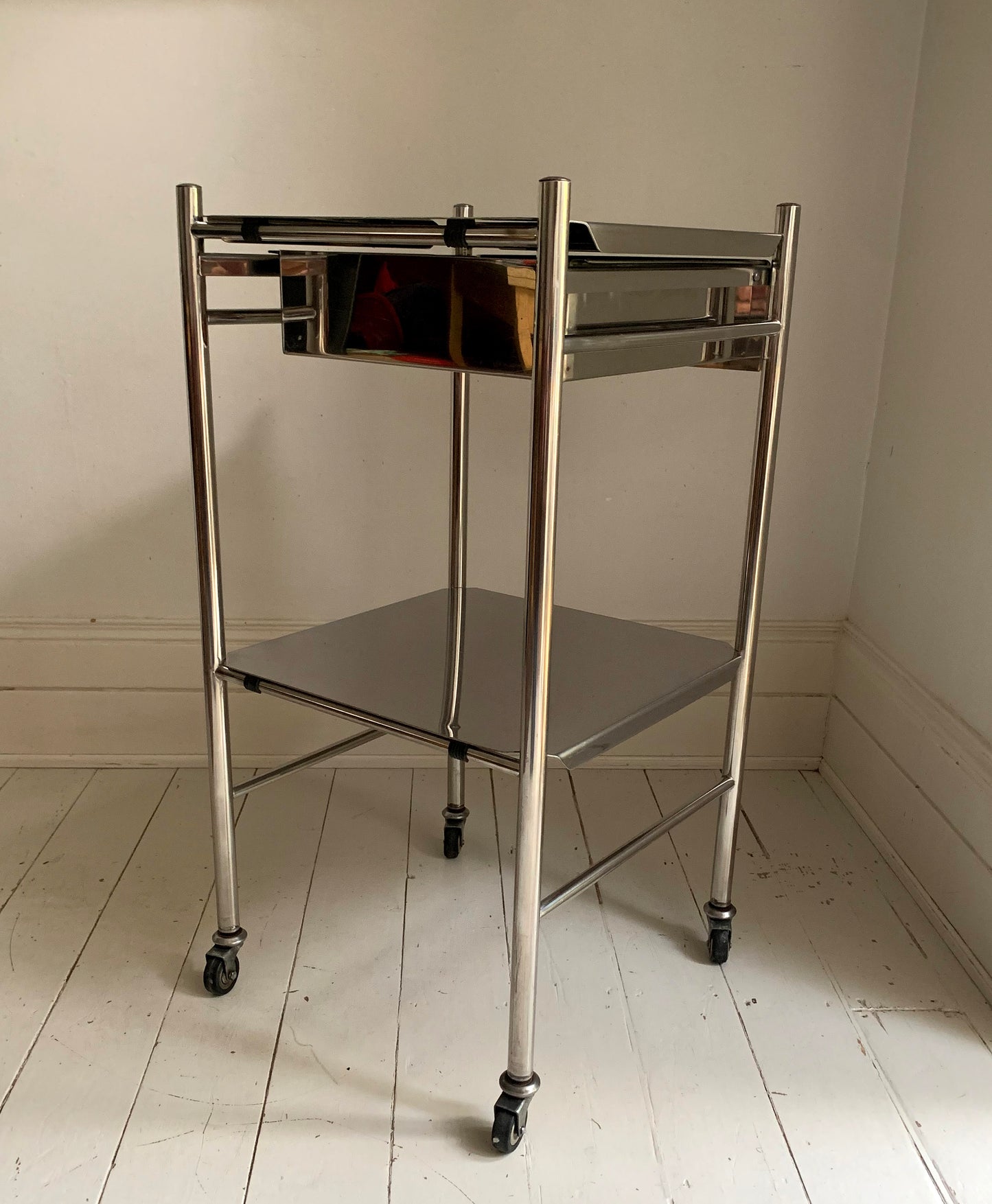 Vintage Stainless Steel / Chrome Medical / Drinks Trolley / Cabinet On Castors