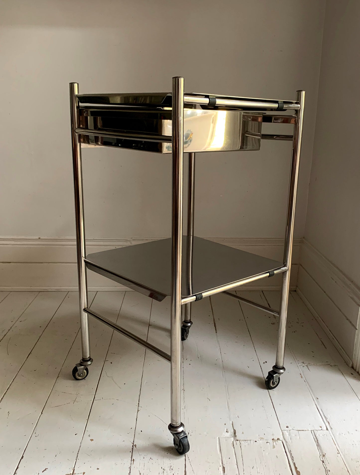 Vintage Stainless Steel / Chrome Medical / Drinks Trolley / Cabinet On Castors