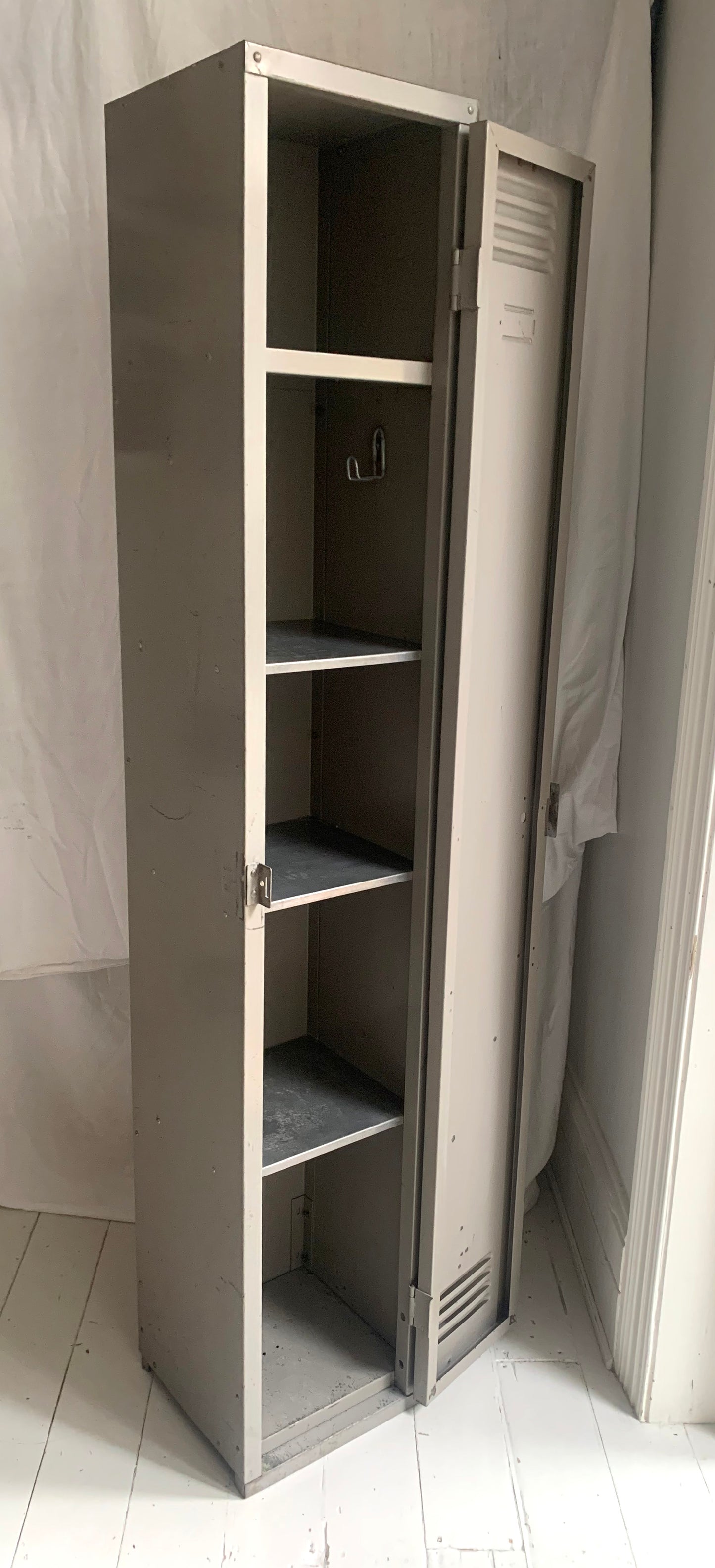 Vintage Tall Grey Metal Locker / Filing Cabinet with Four Shelves