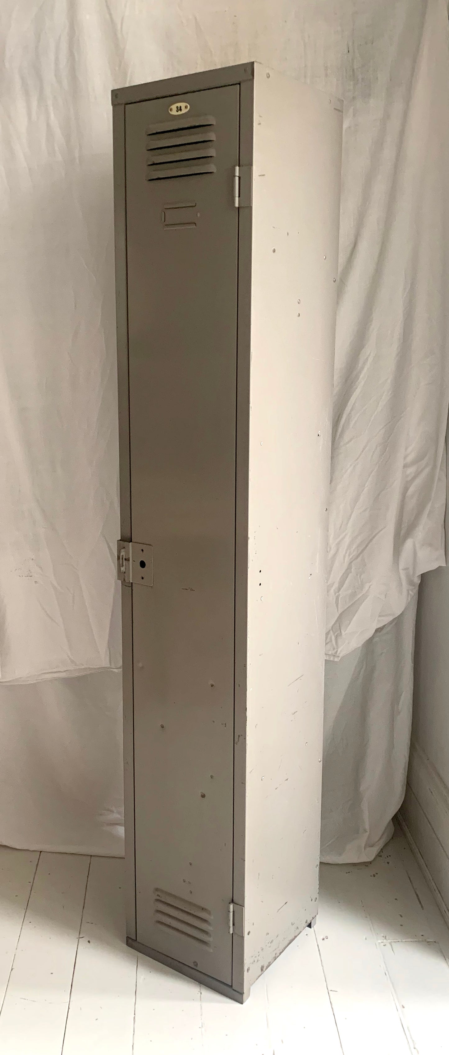 Vintage Tall Grey Metal Locker / Filing Cabinet with Four Shelves