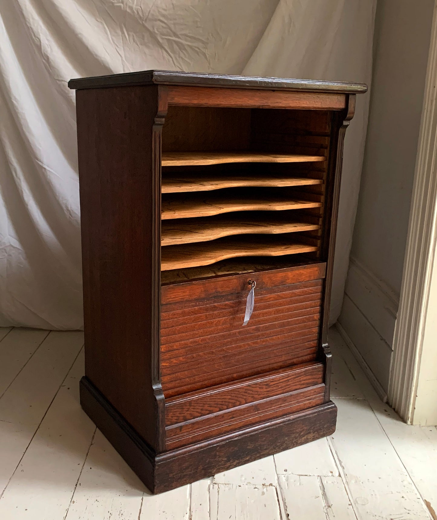 Vintage Oak Tambour Free Standing Filing Cabinet