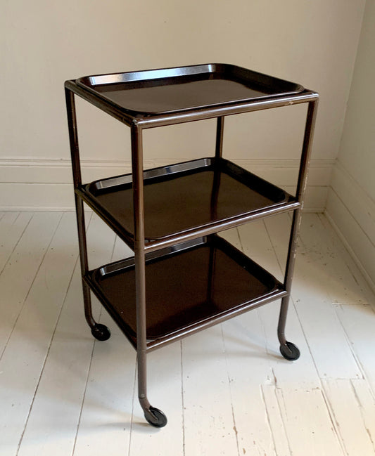Vintage Three-Tier Trolley w/ Bakelite Removable Trays in Chocolate Brown