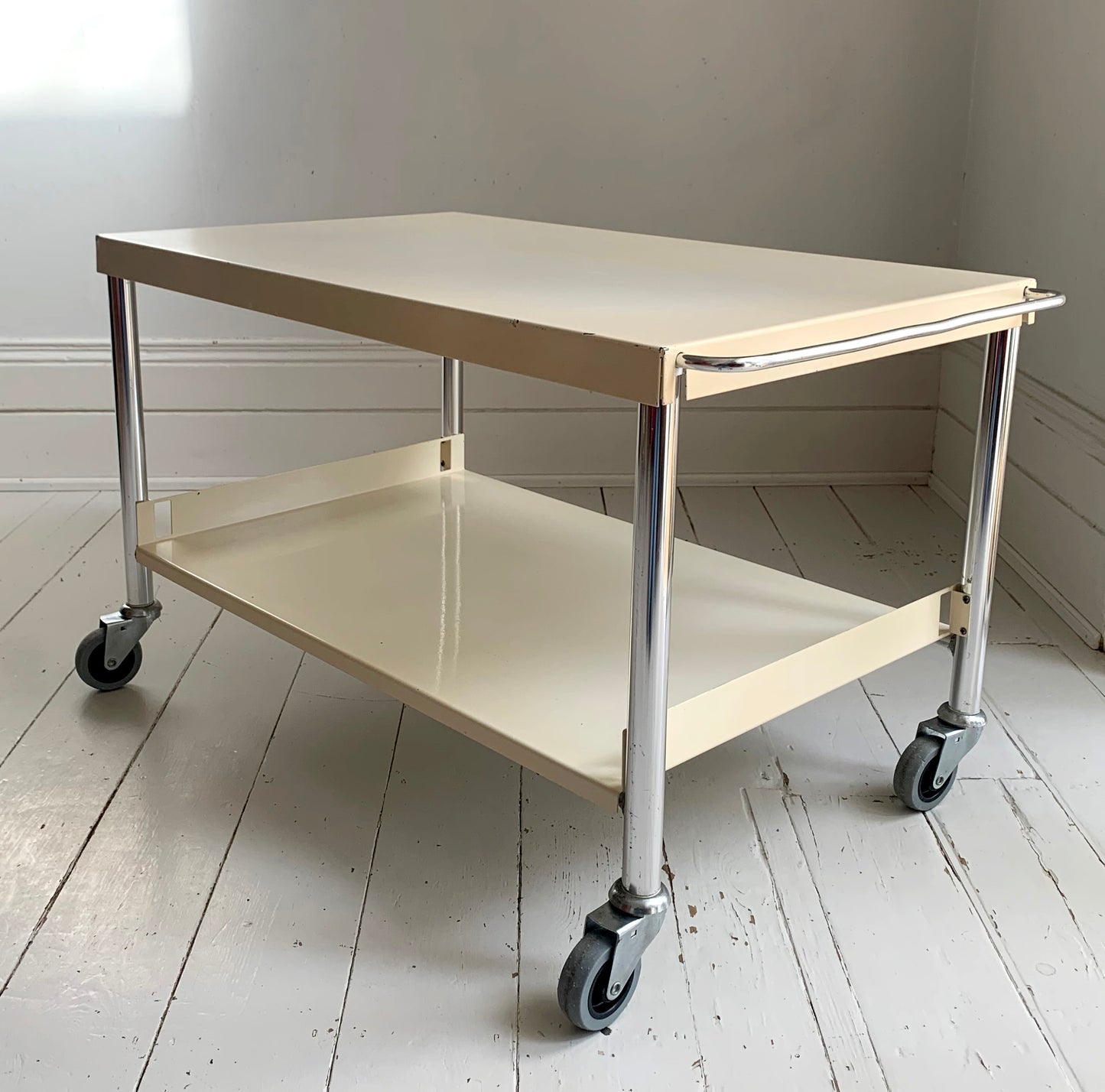 Vintage Cream Metal & Chrome Trolley on Wheels with Two Shelves