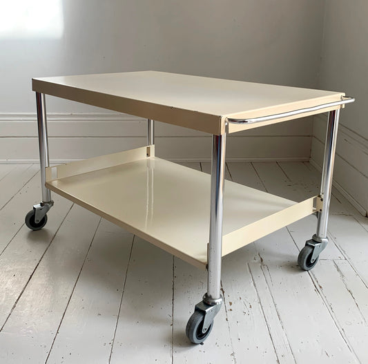 Vintage Cream Metal & Chrome Trolley on Wheels with Two Shelves