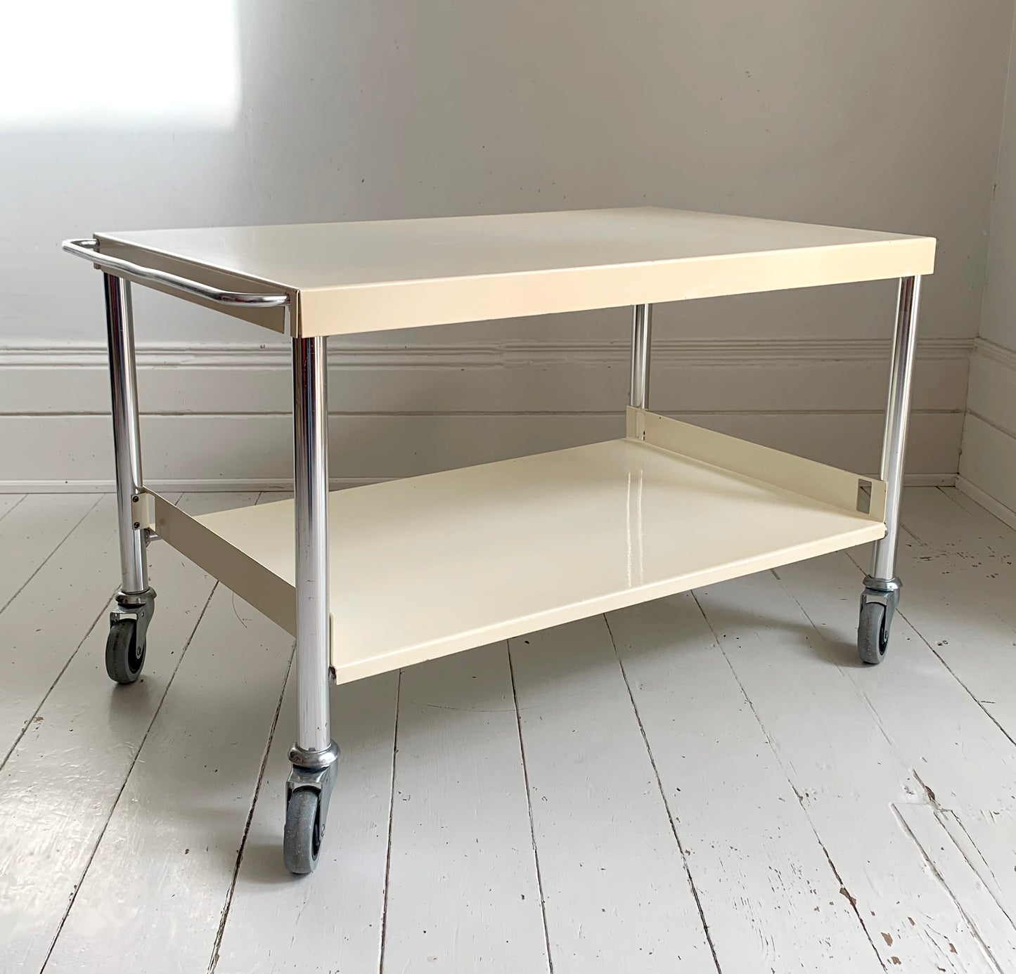 Vintage Cream Metal & Chrome Trolley on Wheels with Two Shelves