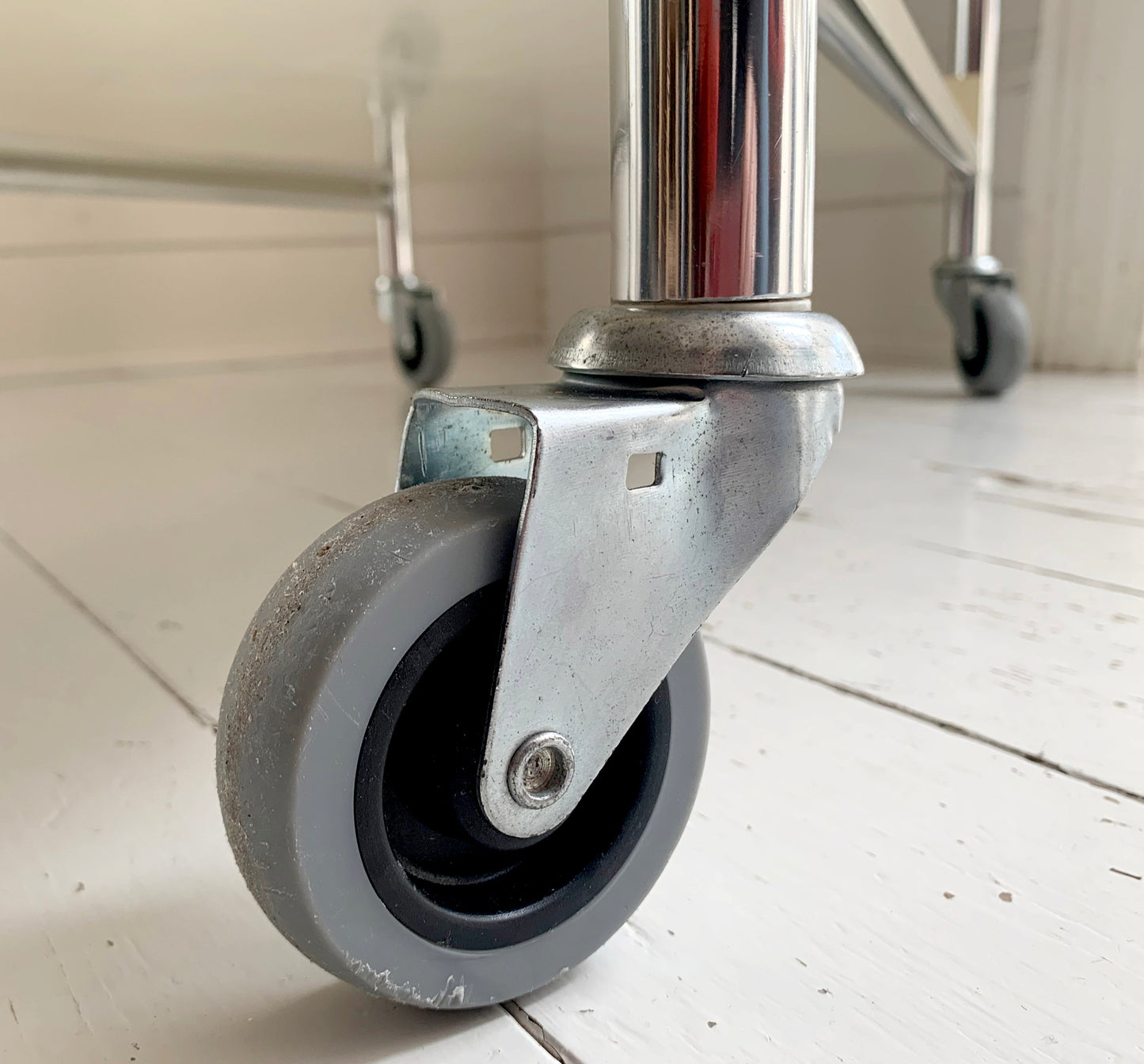 Vintage Cream Metal & Chrome Trolley on Wheels with Two Shelves