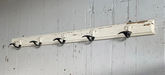 Vintage Wall Mounted Cream/Black Metal Coat Hooks x 5 on Wooden Painted Board