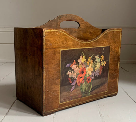 Vintage Wooden Filing /Magazine Rack / Holder With Floral Motif & Cut Out Handle