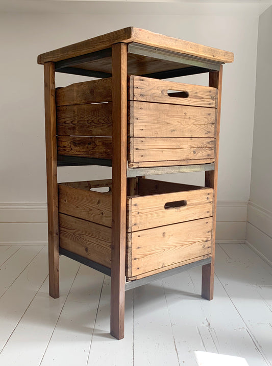 Vintage Handmade Industrial Two Drawer Wooden Storage Unit w/ Reclaimed Crates