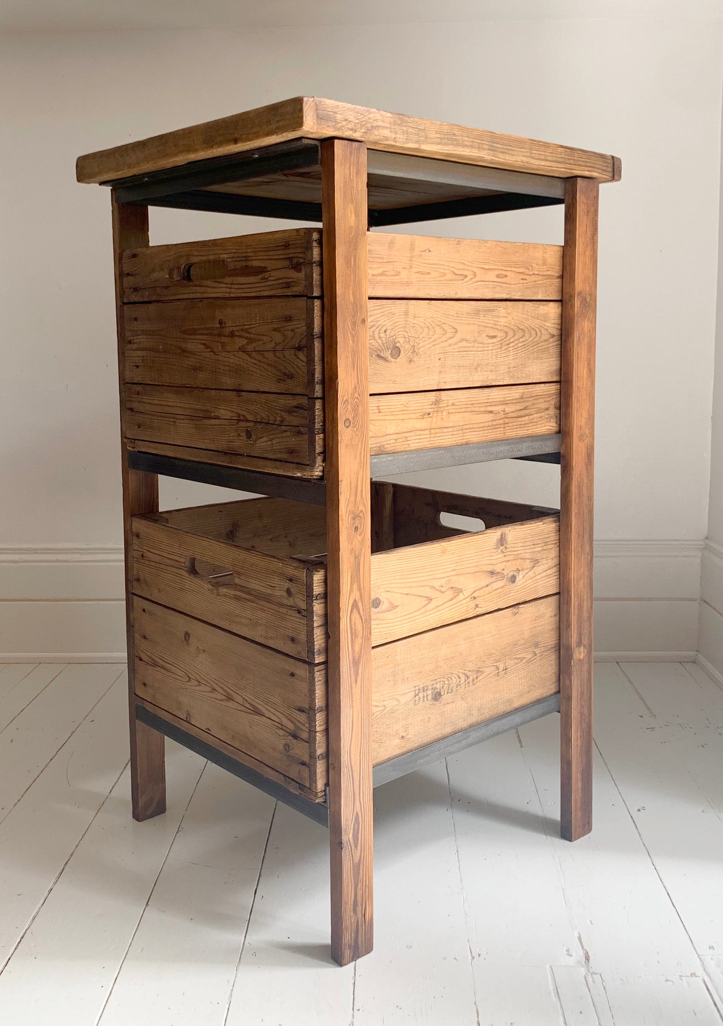 Vintage Handmade Industrial Two Drawer Wooden Storage Unit w/ Reclaimed Crates