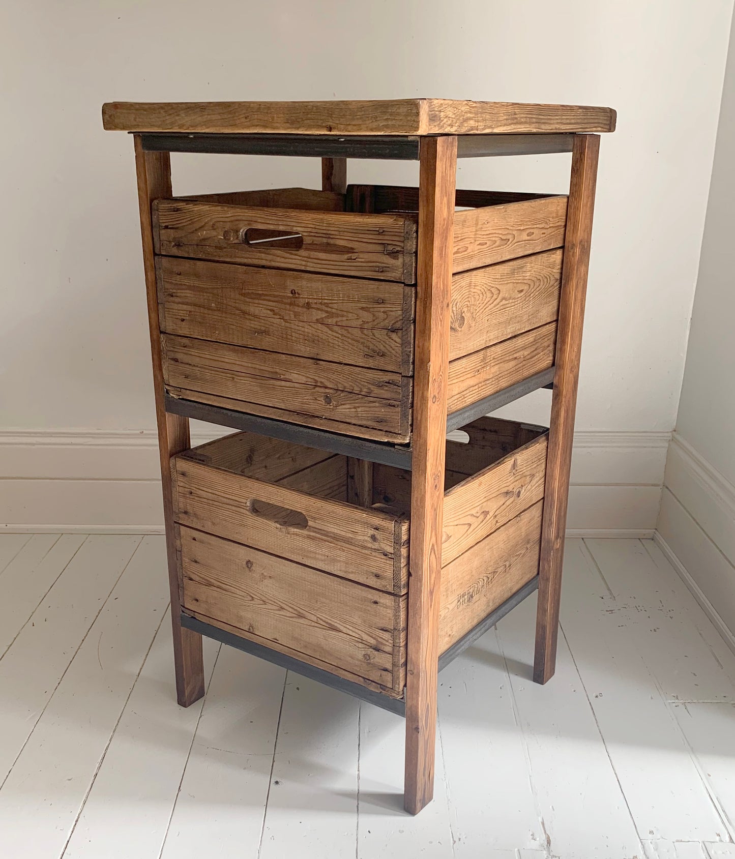 Vintage Handmade Industrial Two Drawer Wooden Storage Unit w/ Reclaimed Crates