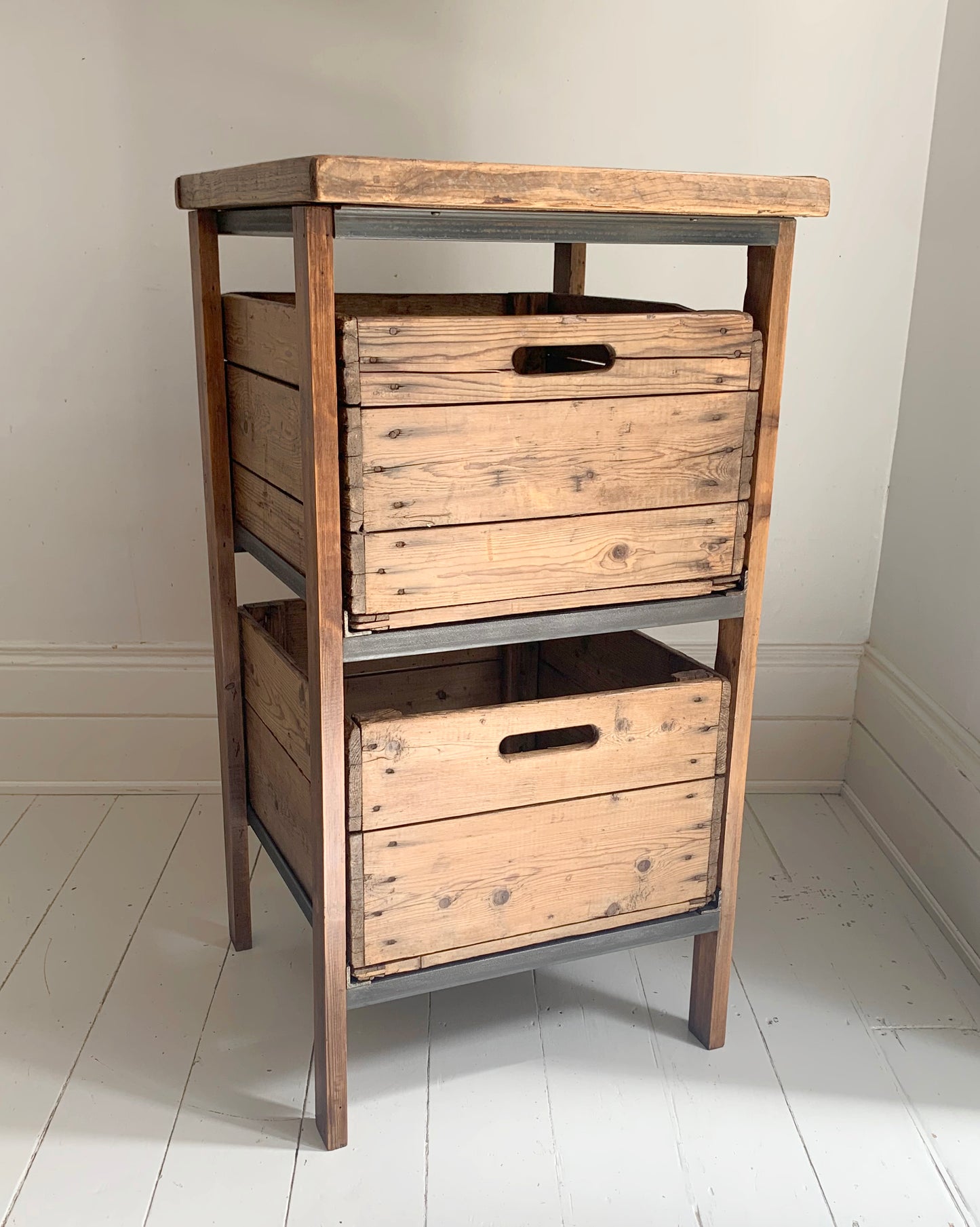 Vintage Handmade Industrial Two Drawer Wooden Storage Unit w/ Reclaimed Crates