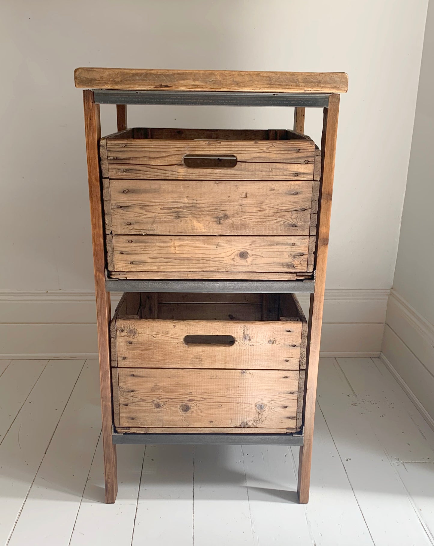 Vintage Handmade Industrial Two Drawer Wooden Storage Unit w/ Reclaimed Crates