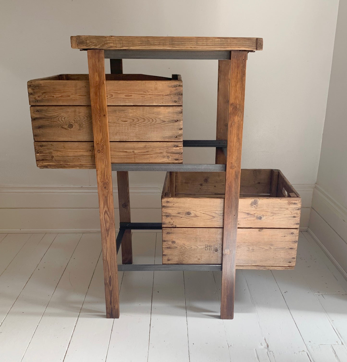 Vintage Handmade Industrial Two Drawer Wooden Storage Unit w/ Reclaimed Crates